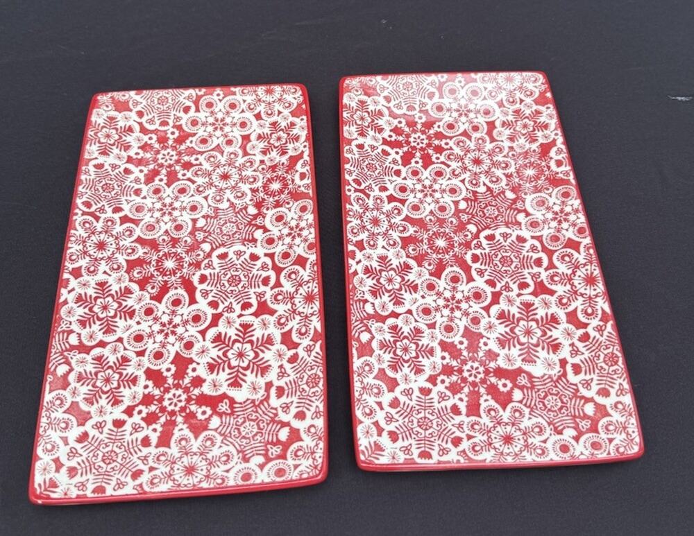 2 Brand New Hallmark Snowflake Print Rectangular Dish Plate Red White Trays